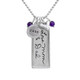 Custom rectangle family necklace in silver, personalized with handwriting signatures of Mom & Dad, with silver year charms and birthstones, shown on white