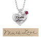 Sterling silver small heart for custom handwriting on necklace with birthstone, shown with original handwriting used to create it