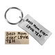 Fine pewter custom key ring with kids' handwritten note to mom for a Mother's Day gift. Handwriting says, "Best Mom Ever" with kids signatures. Shown with original handwriting used to personalize it.