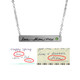 Silver Handwriting bar memorial necklace, shown with actual handwritten signature from two different images, with embedded birthstone