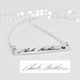 Custom silver Handwriting bar memorial necklace shown with actual handwritten signature, with embedded birthstone