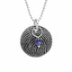 Custom sterling silver disc fingerprint necklace personalized with your actual fingerprint engraved on it, with a blue birthstone, viewed close up on white