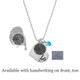 Personalized memorial Silver Heart Fingerprint Necklace with Birthstone, customized with loved one's actual fingerprint and engraved with his handwritten signature, shown close up on white