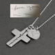 Custom silver Handwriting Cross Necklace, personalized with handwritten note Love You Mi Mi, shown from side close up, with original handwriting