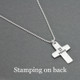 Custom silver Handwriting Cross Necklace, personalized with optional stamped message on the back, shown from side