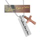Custom silver handwriting tag with copper cross memorial necklace, shown on white with the original handwriting