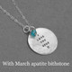 Custom silver hand stamped necklace shown on white, personalized with a love message & blue birthstone