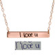 Rose gold bar necklace with handwritten note, shown with the original handwriting used to personalize it