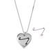 Custom silver heart necklace, engraved with son's special symbol for "I Love You", shown on white with the handwriting used to personalize it