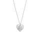 Wide view of ustom silver heart memorial necklace, engraved with mom's handwritten signature, shown on white