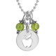 Apple & Peridot Necklace with silver apple teacher gift, close up on white