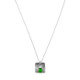 Wide view of sterling silver Celtic Knot with green Briolette stone, necklace, shown on white