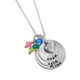 Custom sterling silver curved discs necklace, personalized with hand stamped kids names and birthstones, shown close up on white