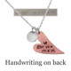 Kids handwritten note to mom on back of custom Handwriting Necklace with Copper Heart with silver heart charm, with the actual handwriting used to personalize it