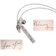 Custom Handwriting Tag in sterling silver, with actual handwriting, on white background, shown with original handwriting used to personalize it