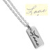 Dainty Custom Silver Handwriting Tag necklace, personalized with handwritten "Love", shown with original handwriting