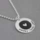 Angle view of personalized silver Etched Heart Forever Love name necklace