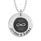 Custom Etched Infinity Forever Love Necklace, personalized with couple's names on the front, shown close up on white
