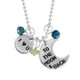 Custom silver I Love You to the Moon & Back necklace, personalized with colored birthstones, shown close up on white