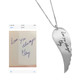 Large Handwriting Memorial Charm Angel Wing in silver, shown close up on white, with the original handwriting used to create it