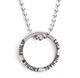Custom silver Mini Forever Love Circle Necklace, personalized with 4 kids' names, shown close up on white