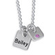 Fine silver Mini Squares personalized necklace, hand stamped with kid's name and with an embedded birthstone, shown close up on white