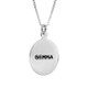 Custom sterling silver oval charm necklace, personalized with hand stamped name Gemma in Block Upper font, shown close up on white