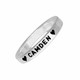 Hand stamped sterling silver stackable rings, personalized with child's name Camden and hearts, shown close up on white