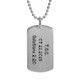 Custom hand stamped sterling silver military dog tag, personalized with names or phrases, shown close up on white background