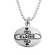 Sterling silver oval charm engraved with a sweet frame and personalized with a name or word stamped in the middle.  Hung on a silver chain, and shown close up on white