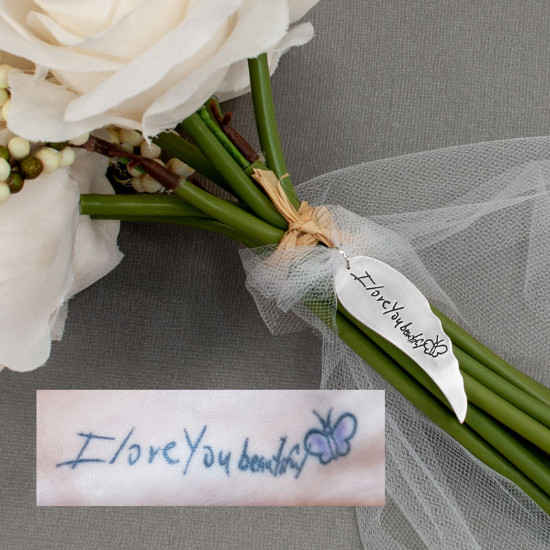 Bouquet Charm with Handwriting Sterling Silver Angel Wing