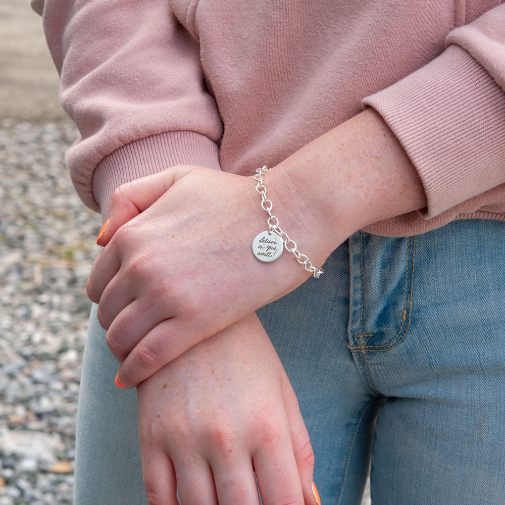 Custom Engraved Monogram or Initial Bracelet Personalized Sterling Silver  Petite Round Disc 7 Inch Length - Hand Engraved