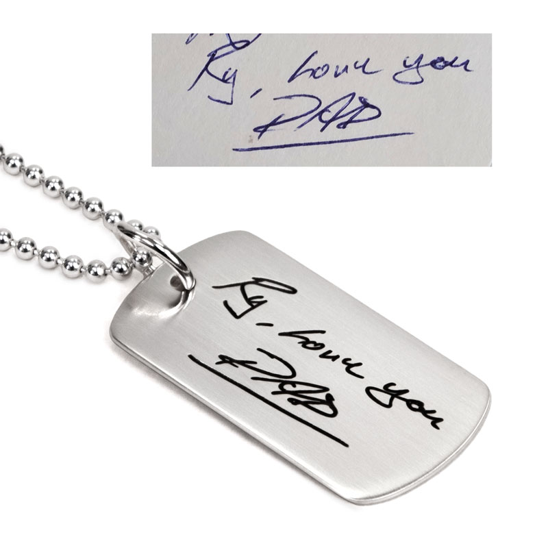 Custom Silver Handwriting Military Dog Tag Necklace with Your Actual Handwriting or Drawing on A 1 3/8 x 3/4 Sterling Silver Dog Tag on Silver Chain