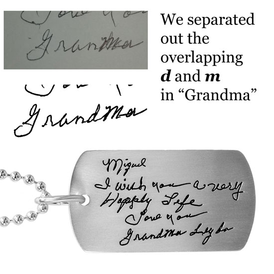 Custom Silver Handwriting Military Dog Tag Necklace with Your Actual Handwriting or Drawing on A 1 3/8 x 3/4 Sterling Silver Dog Tag on Silver Chain