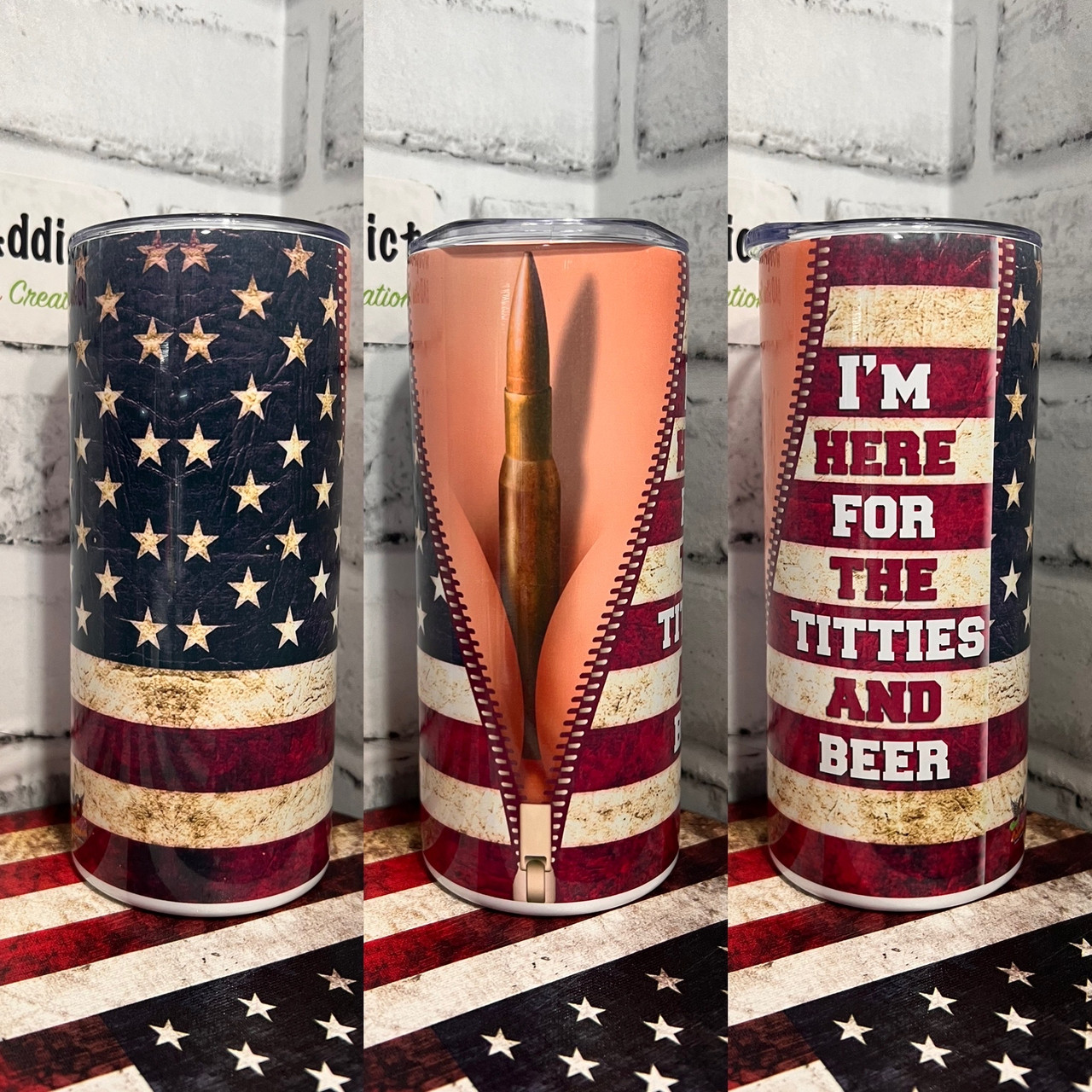 Graphic Skinny Tumbler- American Flag Boobies - 20oz Cup / Mug With Straw