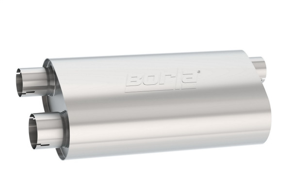 Specialty Muffler Transverse Flow 3 in. Inlet/ 2.5 in. Dual Outlet 6 in. x 10.25 in. Oval x 19 in. Long Body Notched Necks - 400499