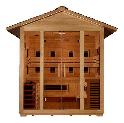 Golden Designs "Gargellen" 5 Person Hybrid (PureTech™ Full Spectrum IR or Traditional Stove) Outdoor Sauna - Canadian Hemlock