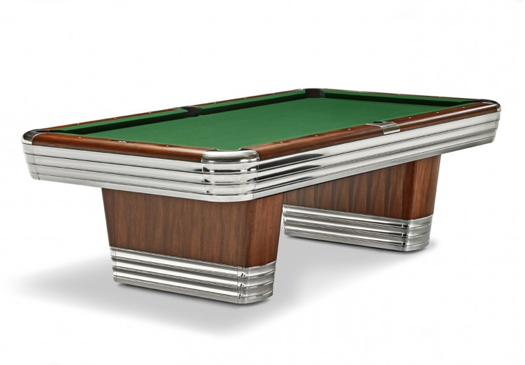 A pool table with a green cloth and chrome trim - image