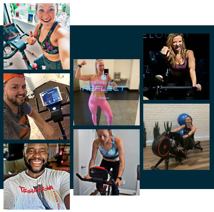 A collage of people riding exercise bikes with the word reflect at the top - image