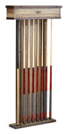 A wooden pool cue rack filled with pool cues on a white background - image