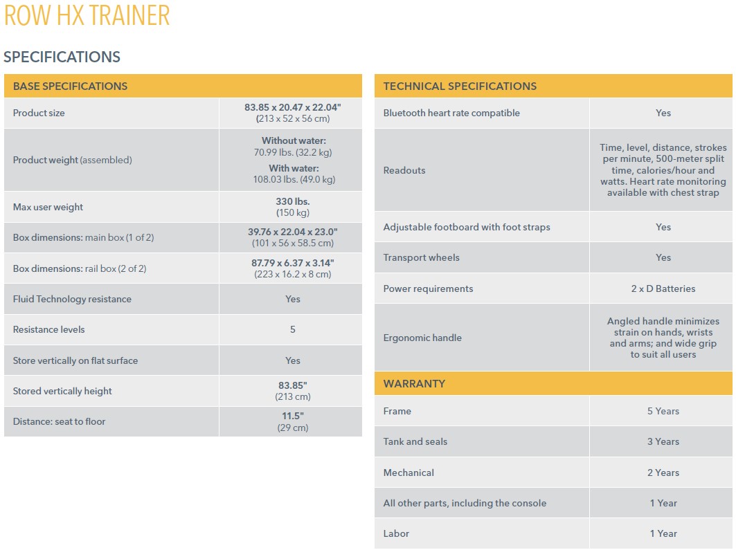 HX rower trainer specifications - image