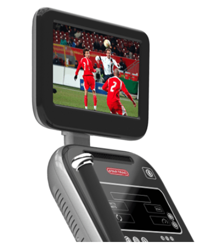A star trac monitor shows a soccer game on the screen