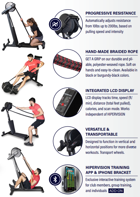 An advertisement for a rowing machine features progressive resistance hand-made braided rope and integrated lcd display