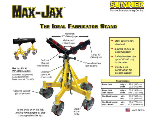 Sumner  Max-Jax Pipe Stands, Vee, 2,500 lb Cap., 4 in-36 in Pipe, 30.5 in-42.5 H