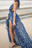 Blue Leopard Halter Neck High Slit Maxi Dress