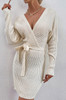v-neck belted ribbed beige knitted wrap midi dress