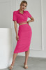 Hot pink collared short sleeve crop top midi skirt set