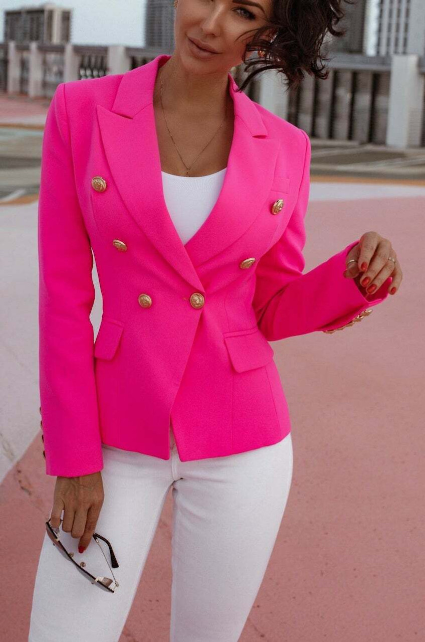 Double Breasted Blazer with Gold Hardware - Hot Pink