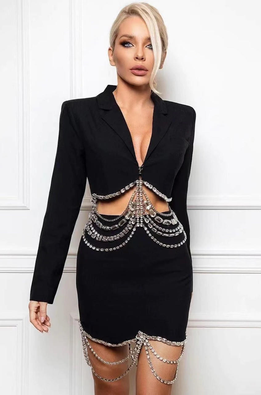 Emely Black Beaded Sequin Diamond Blazer Set