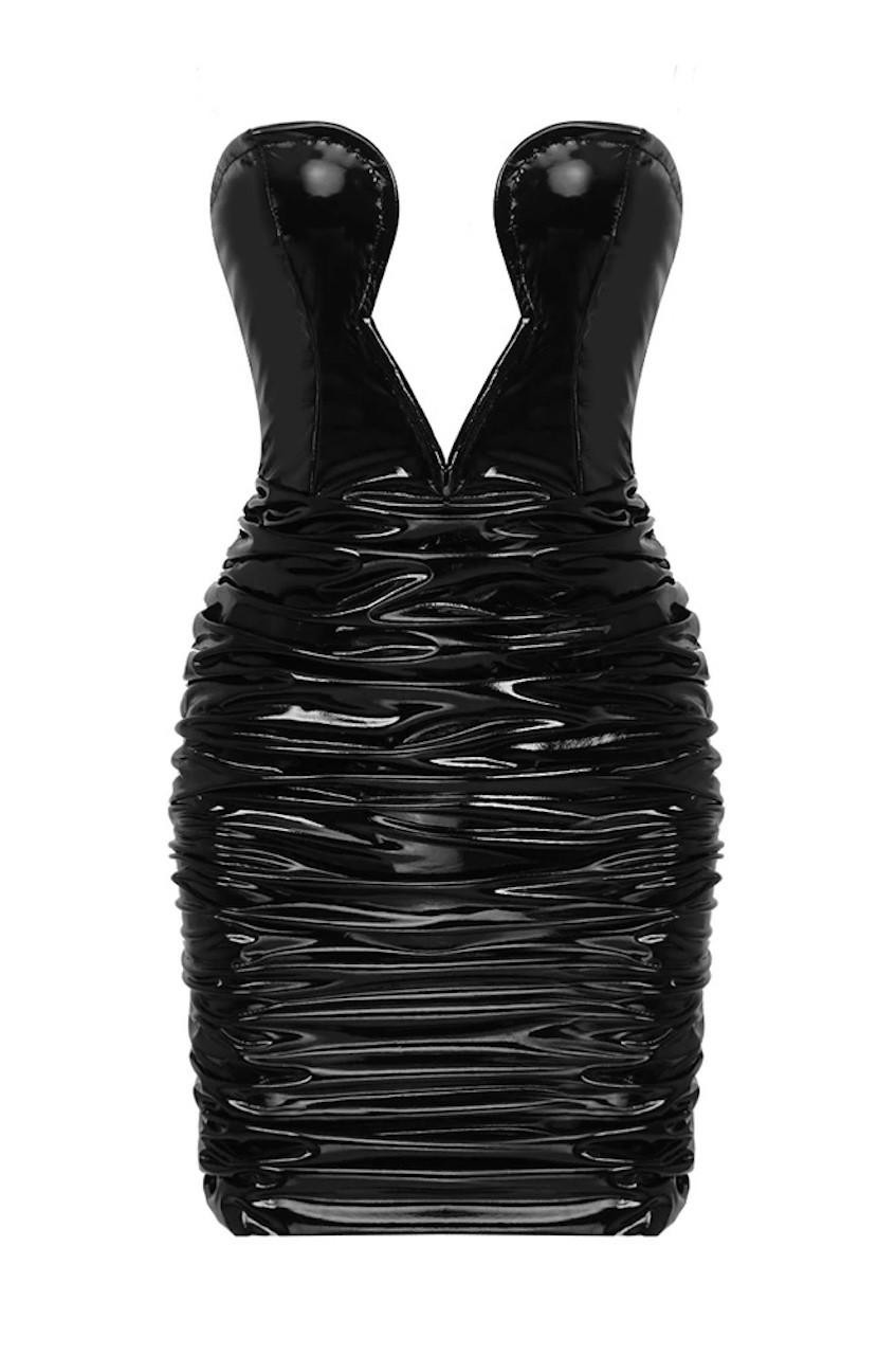 Miranda Shiny Black Ruched Mini Dress